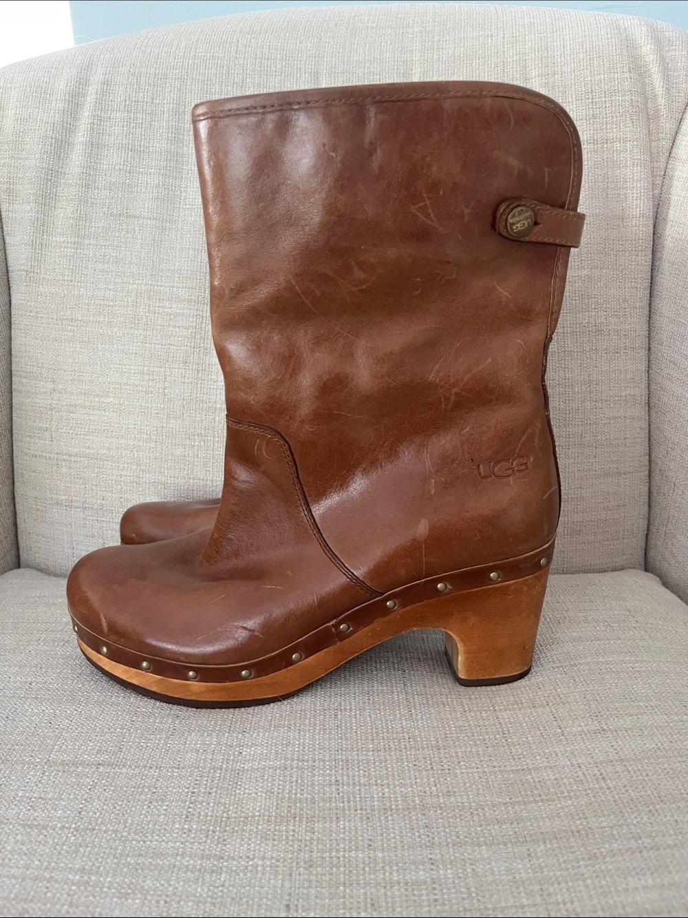 UGG Brown Leather Clog Heeled Boots - Picture 3 of 12